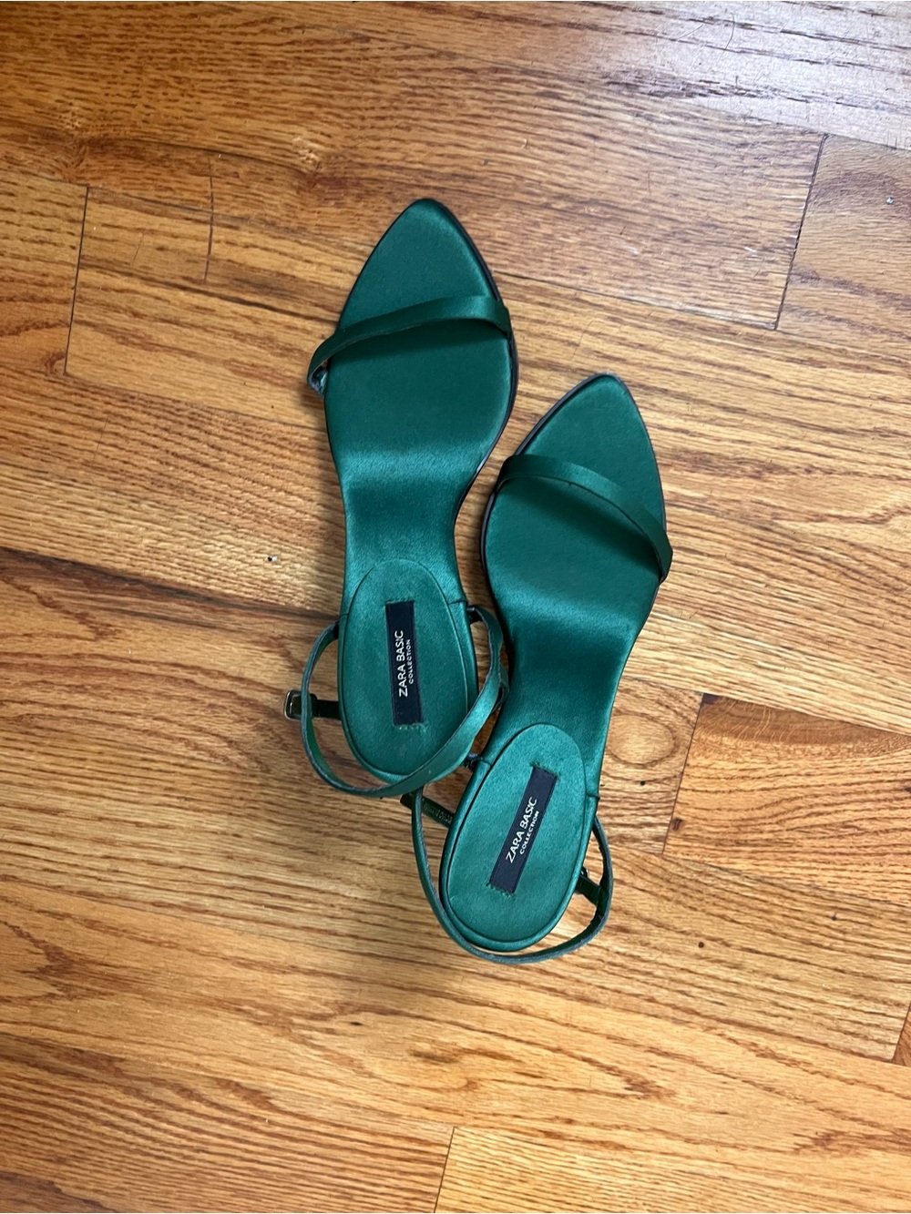Zara Satin Pointed-Toe Ankle Strap Heels in Emerald Green